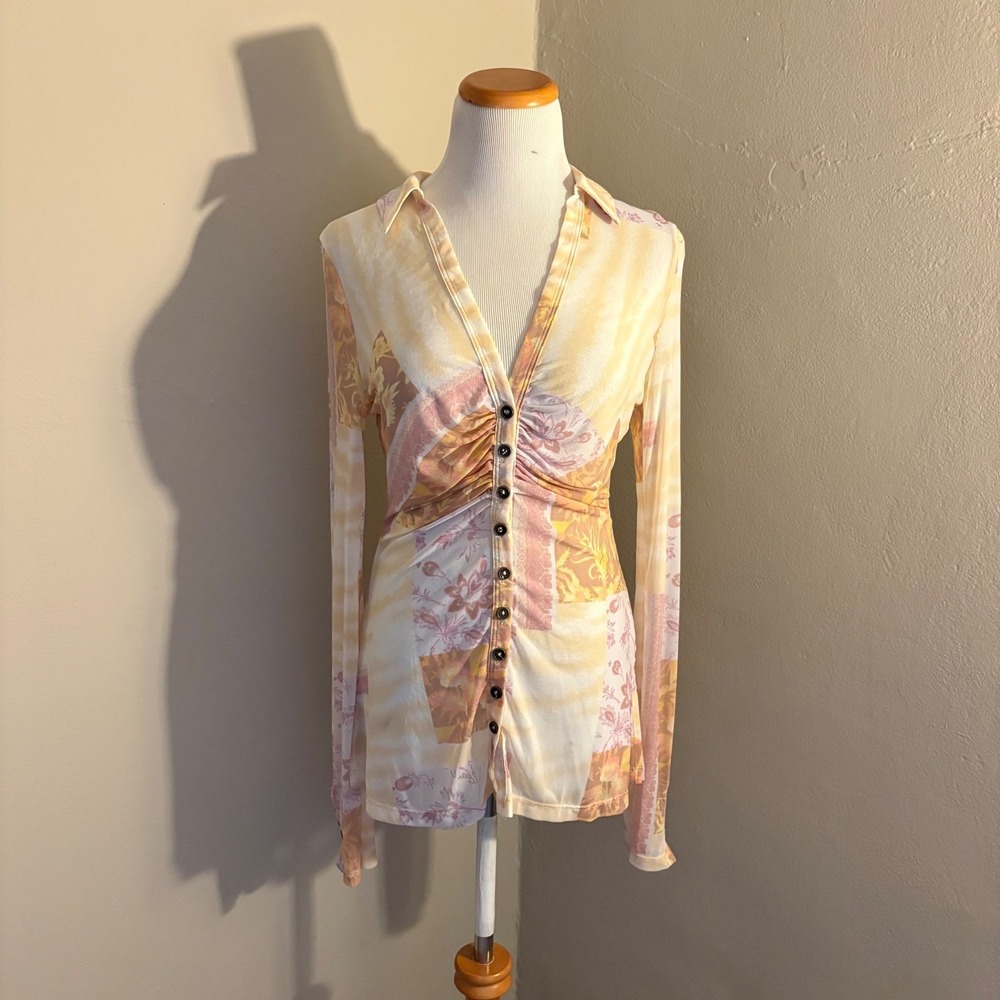 Free People Lucky Shirtee Mesh Floral Ruched Button Front Top Yellow Pink Smalll